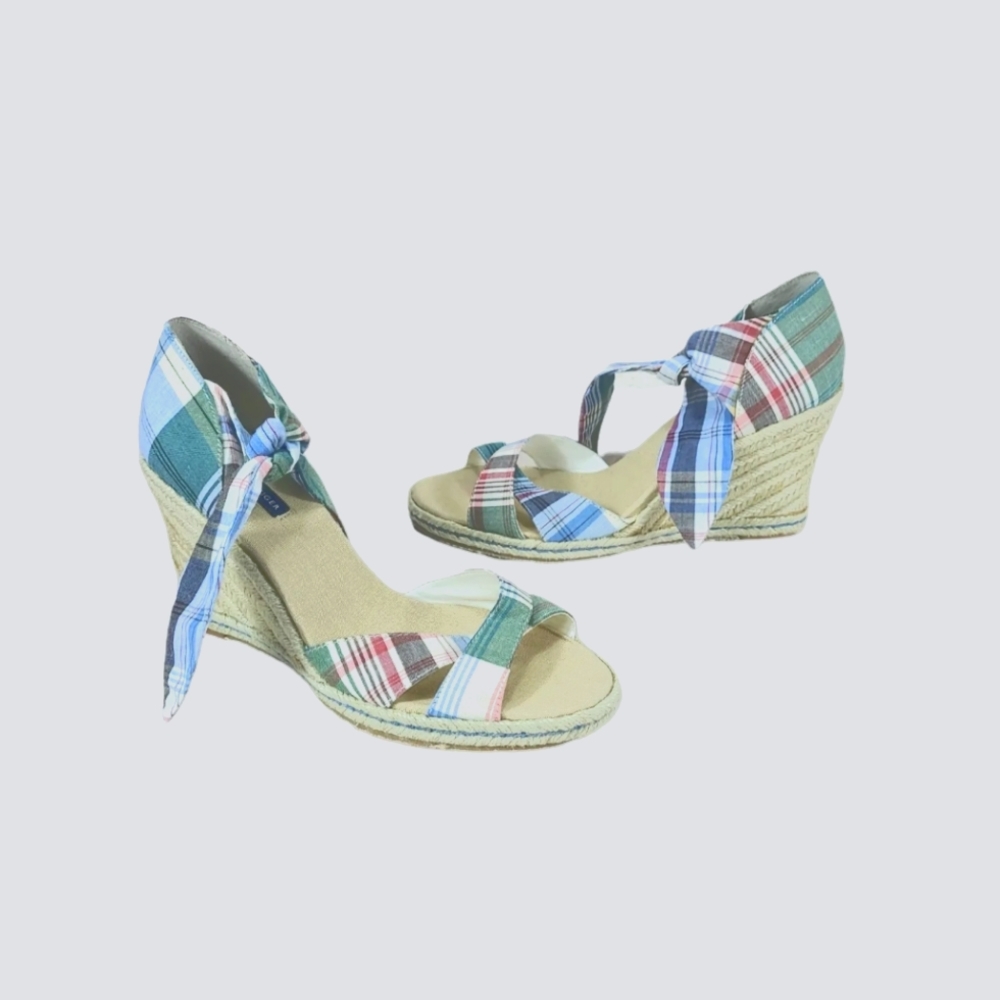 Retro TOMMY HILFIGER Espadrille Wedge Heeled Sandals Plaid Tie Women's 10 M